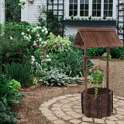 Wooden Planter, Wishing Well with Height Adjustable Bucket | Triangulated Roof for Garden Planter Patio Decoration Yard Ornamental Home Décor