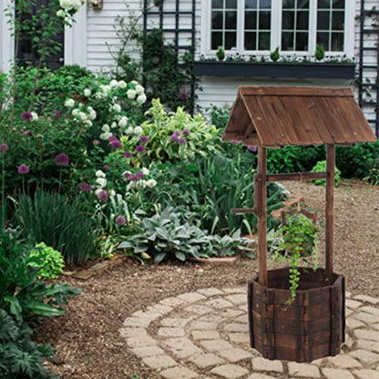 Wooden Planter, Wishing Well with Height Adjustable Bucket | Triangulated Roof for Garden Planter Patio Decoration Yard Ornamental Home Décor