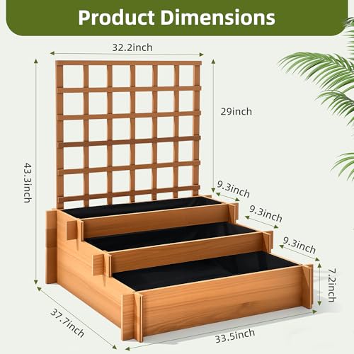 43" 3-Tier Fir Wood Raised Garden Bed Planter with Trellis | Fir wood tiered planter with trellis, liners, and 3 growing beds for flowers, herbs, veggies, vines, patio, or yard - color: 3-tier Raised Garden Bed With Trellis