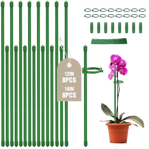 16 Pack 12 & 16 Inch Plant Support Stakes for Indoor & Garden | Adjustable height for tall plants, Sturdy and lightweight, Easy to install, Supports tomatoes, Beans, Orchids, Vegetables