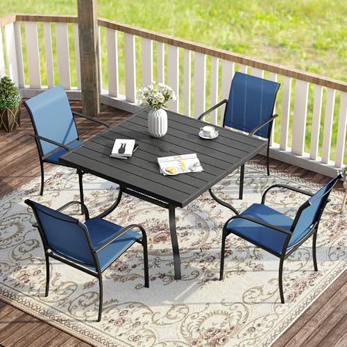 VICLLAX 5 Pieces Patio Dining Set for 4, Outdoor Furniture Set Includes 37.8" Square Outdoor Table and 4 Stackable Patio Sling Chairs, Black Tabletop and Blue Fabric - color: Black Table/Blue Chairs, size: Table-37.8"x 28"