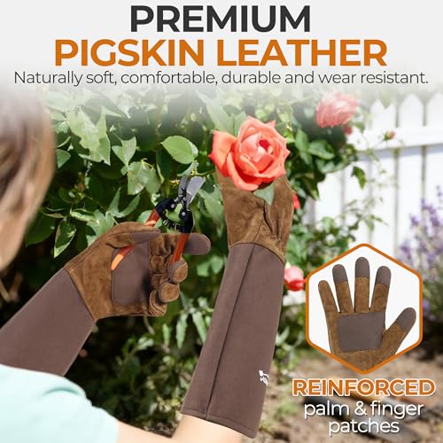 HANDLANDY Long Gardening Gloves for Men & Women, Pigskin Leather Rose Pruning Gloves- Breathable & Durable Gauntlet Glove (X-Large, Brown) - color: Brown, size: X-Large (Pack of 1)