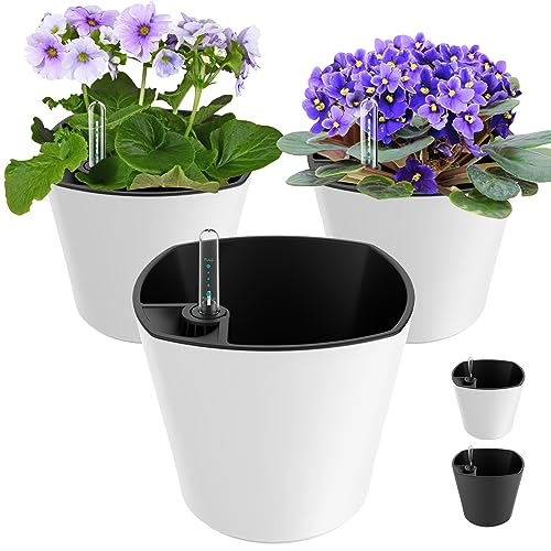 7 inch Plant Pots 3-Pack, Self Watering Flower Pots Indoor Outdoor, African Violet Pots Planters with Drainage Hole Saucer Reservoir, White - color: White 7 Inch Self Watering Planter Pack of 3