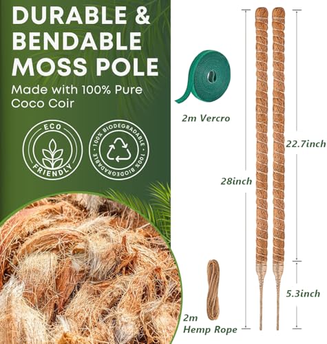 MAFONE 2 Pack 28” Bendable Moss Pole Monstera Plant Support | Bendable Stakes for Potted Climbers Tall Sticks Indoor Trellis Plant Pole Moss Plant Stick Support Stake Kit - size: 28inch
