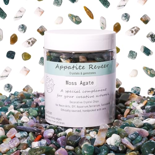 Moss Agate Crystal Chips 1lb (1000+ pcs)-5-8mm Natural Dendritic Stones for Aquarium Gravel, Terrariums, Plant Growth, Jewelry Making & Abundance Grids,Safe for Fish Tanks & Fairy Gardens - color: Moss Agate, size: 1LB
