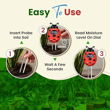 Ladybug 3-in-1 Soil Tester for Indoor & Outdoor Plants – Moisture Meter with pH & Light Sensor, No Batteries Needed for Houseplants & Gardening