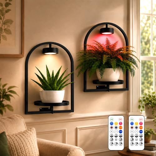 2 Pack Plant Wall Shelf with Grow Light, Wall Mounted Hanging Planter Shelf