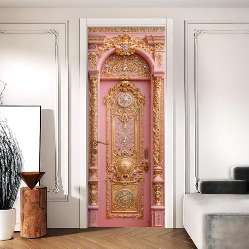 Pink Baroque Door Mural, Ornate Gold Door Cover, 30.3x78.7in - color: Colorful2124