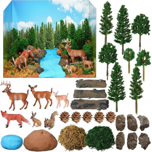 Simgoing Forest Diorama Kit Project Supplies Include Woodland Animals Figures Deer Figures Artificial Model Tree Fake Rocks Moss with Gift Box for Gifts Birthday Christmas Party Favors - style: Woodland Animals