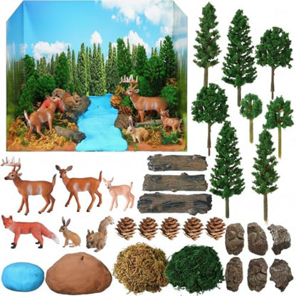 Simgoing Forest Diorama Kit Project Supplies Include Woodland Animals Figures Deer Figures Artificial Model Tree Fake Rocks Moss with Gift Box for Gifts Birthday Christmas Party Favors - style: Woodland Animals