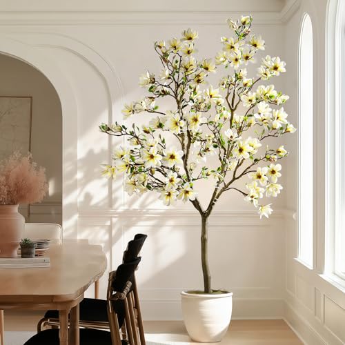 Artificial Trees Cherry Blossom Tall Fake Magnolia Flower Tree Floor plantas Indoor Outdoor Realistic for Home Living Room Office Porch Outside Patio arboles para decoracion Housewarming Gift - color: White