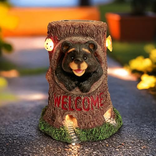 Solar Light Fairy Tree House with Bear Statue - Fun Natural Bear Figurine Sculpture with Solar LED Lights for Indoor Outdoor Art Decorations, Patio Yard Lawn Ornaments Gift - color: C