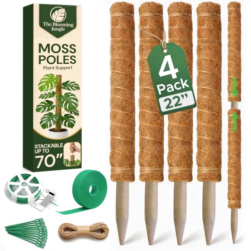 4 Pack 22" Moss Pole Monstera Plant Support - Stackable up to 70" | Plant Stakes for Indoor Climbing Plants Potted - Tall Coco Coir Pole Sticks & Accessories for Monstera, Pothos & Philodendron - size: 70 Inch (Pack of 4)