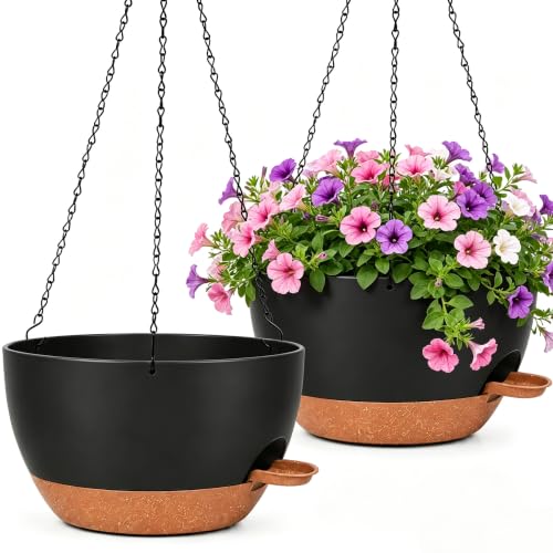 12" Self Watering Hanging Planters with Chains, Black Brown，2 Pack | 43 Oz removable self-watering reservoir, for indoor/outdoor plants, patio & garden - color: Black Brown, size: 2 pack 12 inches
