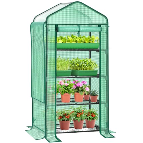 Mini Greenhouse with Screen Roof, Ohuhu Upgraded Portable 4 Tier Small Greenhouses for Outdoors Indoor with Reelable Door, Heavy Duty Plastic Green House for Outside Garden Patio Yard Porch Balcony - color: Green, size: 4 Tier Dual Layer Roof