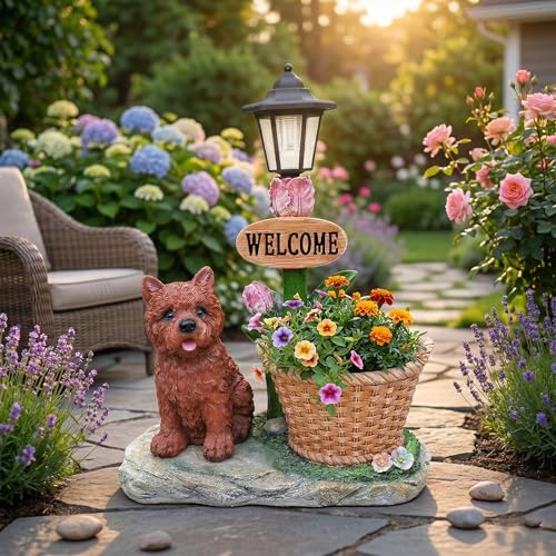 Yorkshire Terrier Solar Garden Light - Woven Basket Style Outdoor Planter with Dog Statue and Welcome Sign, LED Floral Lamp Post for Patio Porch Decor, 10.2lbs Weatherproof Resin, 15.75x8.66x20.47 In. - color: Poodle Left