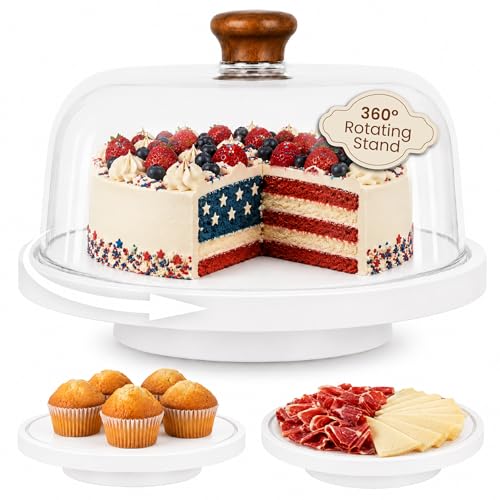 Rotating Acacia Wood Cake Stand with Lid Anti-Mold 12 Inch - 2-in-1 Wooden Charcuterie Board - Covered Dessert Plate with Acrylic Dome - Vintage Pastry Display - Tall Domed Serving Stand Platter - White - size: White – Rotating Base