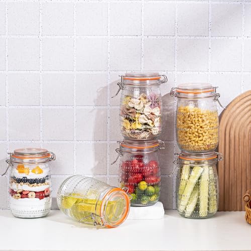 WACOI 32 Oz Glass Mason Jars with Airtight Lids 6 Pack, Wide Mouth Canning Jars with Clip Top Lids for Kitchen Storage Pickling Salad Jams Coffee Beans