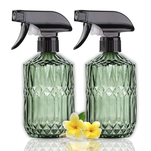 Plant Mister Spray Bottle, 15oz, Green, Adjustable Nozzle,2PCS | Reusable Small Spray Bottles, Glass Handheld Spray Bottle for Indoor Flowers, Outdoor Gardening, Cleaning, Pets Care, Hair - color: Green