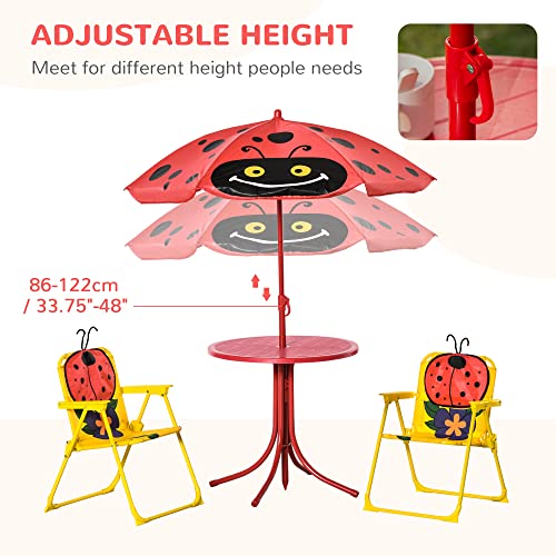 Outsunny Kids Table and Chair Set Picnic Table Umbrella Red Ladybug | Outdoor Folding Garden Furniture, Patio Backyard, Removable & Height Adjustable Sun Umbrella - color: Red