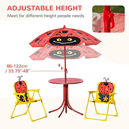 Outsunny Kids Table and Chair Set Picnic Table Umbrella Red Ladybug | Outdoor Folding Garden Furniture, Patio Backyard, Removable & Height Adjustable Sun Umbrella - color: Red