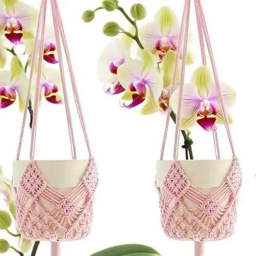 2 Pack Macrame Hanging Planters, Pink | With Patterns, Crochet Boho Style, Plant Holder Hanging Basket, Up to 6 Inch Pots - color: Pink