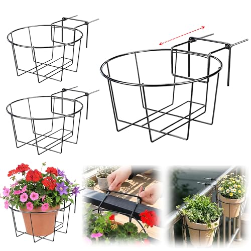Novabright 3 Pcs Adjustable Hanging Railing Planter Fit for 1.5 to 5 Inches Railing Metal Hanging Plant Baskets Fence Plant Holder for Outdoor Garden Fence Balcony Deck Porch, 10 Inch, Black