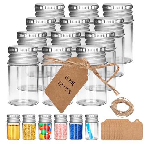 12Pcs 8ML 0.84"X1.6" Small Glass Mini Jars with Metal Lids Message Bottle Terrarium Jar Tiny Wishing Bottles miniature Sand Art Bottles Sample for DIY Crafts (12, 8ML) - size: 8ML