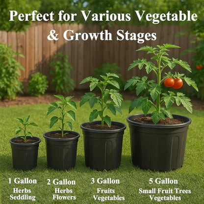 50 Pack 5 Gallon Flexible Plant Nursery Pots for Plants with Drainage Holes | Flexible, lightweight plastic construction; compact growing space for seedlings, herbs, succulents, and young flowers - size: 5 Gallon