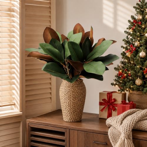 4 Pcs 22inch Magnolia Artificial Leaves Branches 25.6 Inch 3D Real Touch Faux Magnolia Stems Fake Magnolia Twigs for Indoor Outdoor Vase Filling Home Wedding Floral Arrangement Decoration - color: (J) 4 Pcs 22 Inch Green