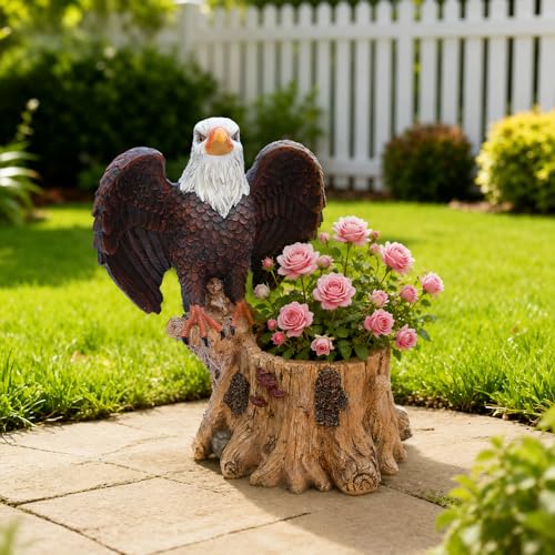 Eagle Spread Wings Stump Garden Statue Planter, Resin Outdoor Flower Pot with Barrel Basket, Decorative Animal Planter for Patio, Yard, Lawn, Cabin Decor - color: Animal Black & White