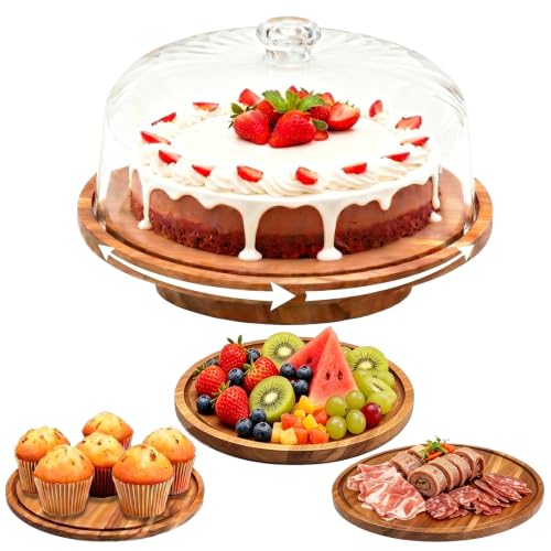 cutesun Cake Stand with Lid, 10.8'' Shatterproof Acrylic Dome (Not Glass), 11.8'' Rotating Acacia Wood Cake Display Stand for Wedding Birthday Party Dessert