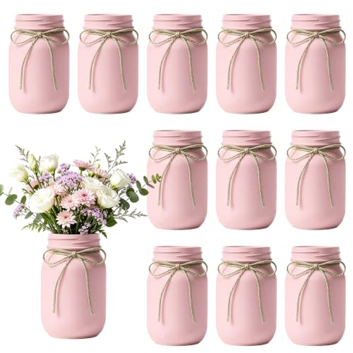 12 PCS 16oz Glass Mason Jars Flower Vases for Centerpieces, Pink - color: Pink