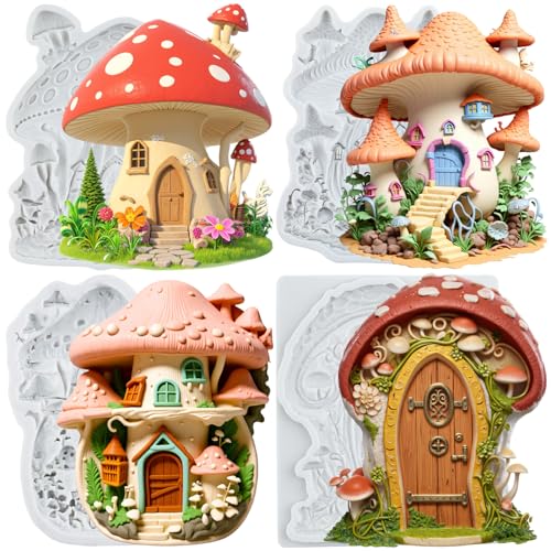 Mushroom House Polymer Clay Mold House Silicone Molds Set of 4 | Fairy Garden House Mold DIY Craft Epoxy Resin Casting Air Dry Polymer Clay Jewelry Making Crafts Tools - color: Style B