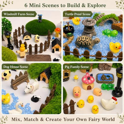 90Pcs Fairy Garden Kit Complete Miniature Figurines Accessories Set with Faux Moss Moss Houses Mushrooms Animals Trees Windmill Fences Pond Decor for Indoor Outdoor Lawn Plant Pots