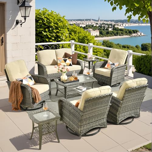 8 Piece Wicker Patio Furniture Set with Swivel Chairs,Beige - color: Beige, size: 8 Pcs Patio Set
