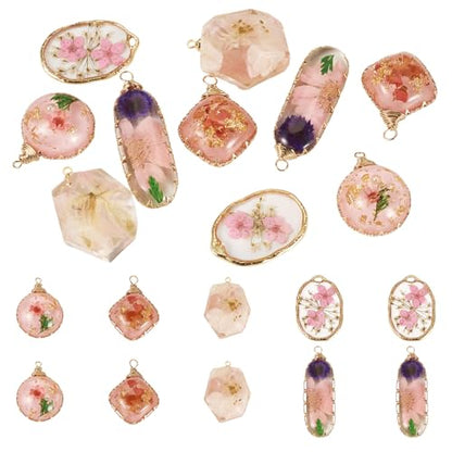 Natural Dried Pressed Flower Charms Geometric Shape Dried Flower Resin Charms Epoxy Resin Floral Pendants for DIY Crafts Necklace Earring Keychain Jewelry Making - color: Pink