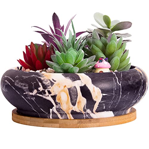 Succulent Pots, 7.3'' Large Bonsai Pots with Tray, Shallow Plant Pots - color: Black