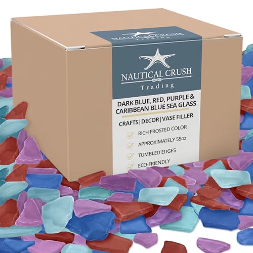 Nautical Crush Trading Blue Red & Purple Sea Glass – 55oz Beach Glass for Crafts, Vase Fillers & Decor – Bulk Tumbled SeaGlass Pieces for DIY Projects – Recycled Seaglass for Home, Weddings & Art - size: 55 Ounces