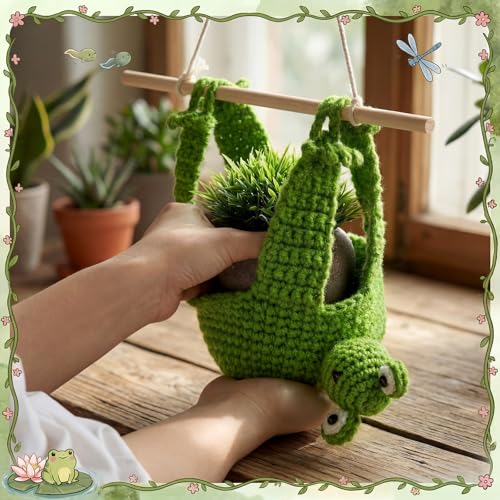 Sieral Frog Gift, 4 Inch Macrame Plant Hanger Crochet Hanging Planter Cute Animal Wall Hanging Holder for Outdoor Indoor Macrame Home Decoration Frog Lovers Succulent Pot Planter Plant Not Included