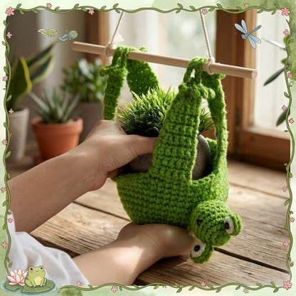 Sieral Frog Gift, 4 Inch Macrame Plant Hanger Crochet Hanging Planter Cute Animal Wall Hanging Holder for Outdoor Indoor Macrame Home Decoration Frog Lovers Succulent Pot Planter Plant Not Included