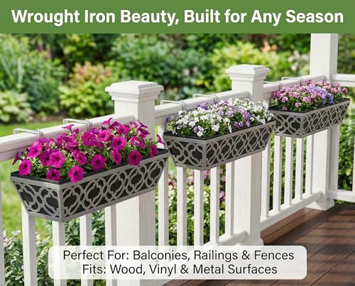 Y&M 24'' Railing Planter Box Set with Black Non-Woven Liner, Gray Metal Large Hanging Flower Boxes with Adjustable Brackets for Fence, Deck, Balcony, and Garden - 4 Pcs - color: Flower 24in 4p-gray