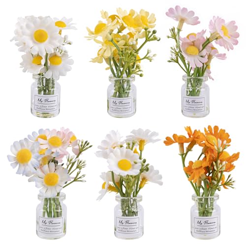 Framendino, 6 Pack Mini Daisy Flower Ornament Cute Artificial Miniature Flowers Glass Vase Decorations for Car Dashboard Interior Decor