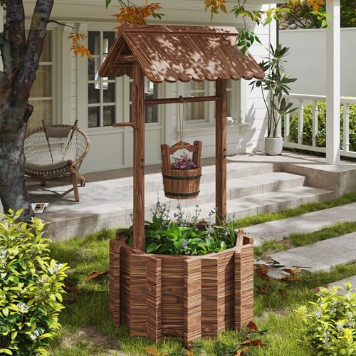 Oneinmil Wishing Well Planter for Yard, Outdoor Large Wooden Wishing Well with Hanging Bucket for Flower and Plants Wishing Well for Outside, Patio, Garden, Lawn Backyard Decor Upgrade Reinforced Base
