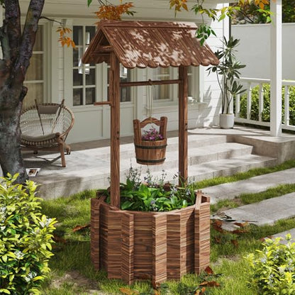 Oneinmil Wishing Well Planter for Yard, Outdoor Large Wooden Wishing Well with Hanging Bucket for Flower and Plants Wishing Well for Outside, Patio, Garden, Lawn Backyard Decor Upgrade Reinforced Base