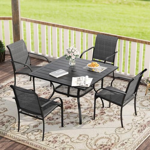 VICLLAX 5 Pieces Patio Dining Set, Outdoor Furniture Set Includes 1 Square Outdoor Table and 4 Stackable Patio Sling Chairs, Black Tabletop and Grey Fabric - color: Black Table/Grey Chairs, size: Table-37.8"x 28"