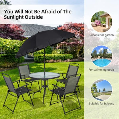 Vongrasig 6 Piece Folding Patio Dining Set,Small Metal Outdoor Garden Patio Table and Chair Set w/Umbrella for Lawn,Deck,Backyard,Black - color: Black