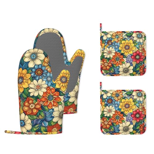 Flower Heat-Resistant Silicone Oven Mitts and Pot Holders,Cute Mandala Floral Long Oven Gloves with Non-Slip Grip for Cooking, Baking, Grilling,BBQ - color: Flower Cute Mandala Floral