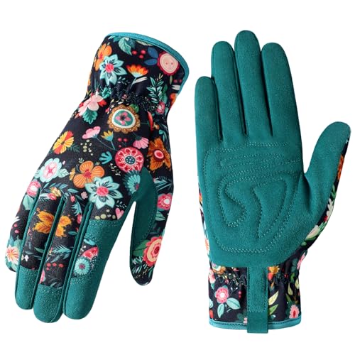 Gardening Gloves for Women, Breathable Leather Garden Gloves,Gardening Gift | Gardening Gift for Lady, Thorn-Proof Puncture-Resistant Work Gloves for Weeding, Digging, Planting Yard Farm and Outdoor Work - color: Green - Black Flower