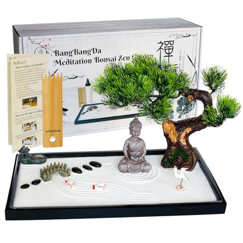 BangBangDa Japanese Zen Garden Kit for Desk - Meditation Rock Sand Garden for Birthday Gift Office Home Desktop Relaxation Decor Bamboo Rakes Bonsai Tree Pagoda Accessories Tools Kits